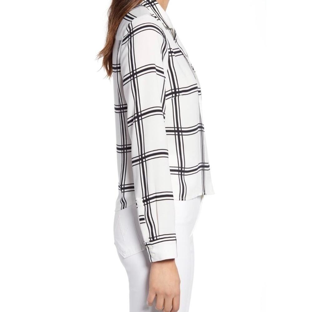 Leith Black White Windowpane Check Button Front Blouse Notched Collar L/S - Picture 3 of 10